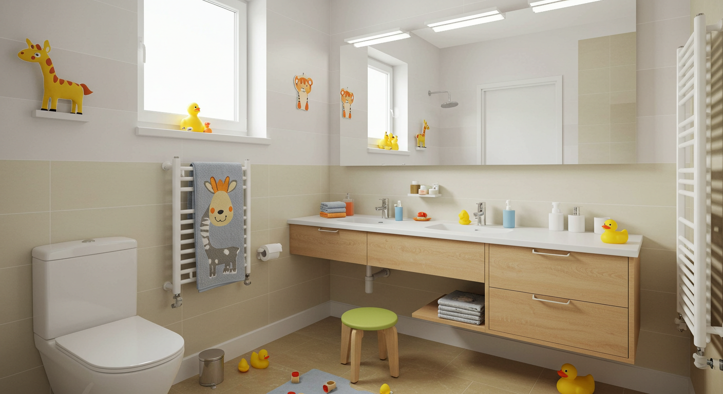 Kid-friendly bathroom design with bright colors, safe features, and playful decor.