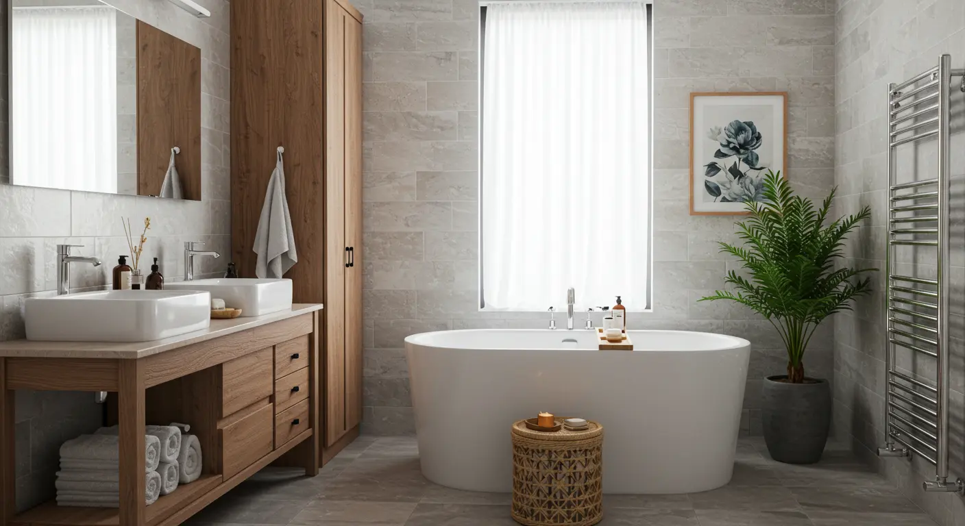 Modern spa-like bathroom with freestanding tub, wood vanity, indoor plant, and calming neutral tones.