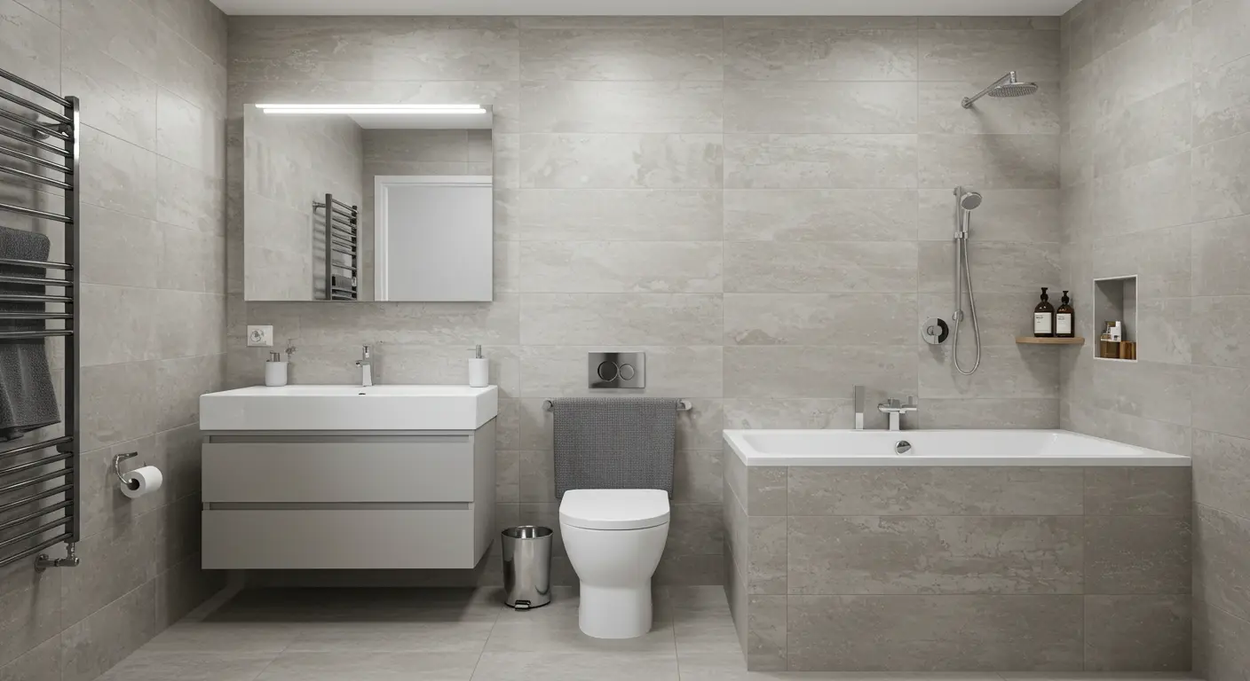 Modern tile drenching bathroom Cork with sleek fittings and minimalist design